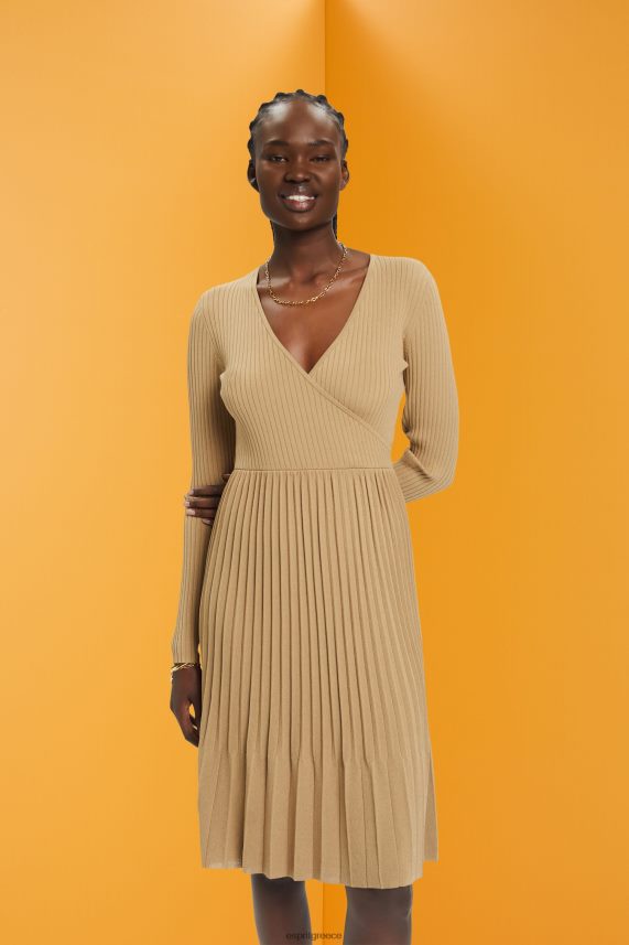 γυναίκες Esprit χακί μπεζ φόρεμα με πλισέ με μακρυμάνικο φορέματα 0J044P126