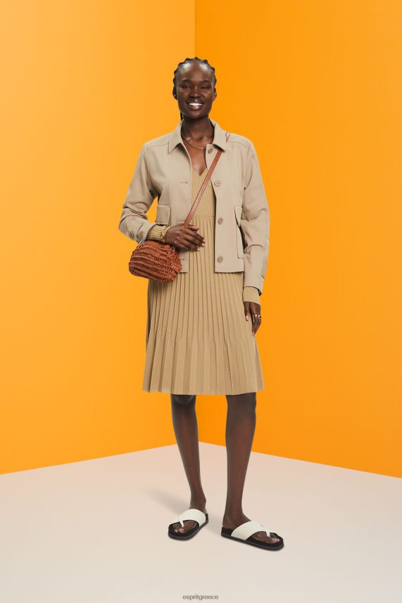 γυναίκες Esprit χακί μπεζ φόρεμα με πλισέ με μακρυμάνικο φορέματα 0J044P126