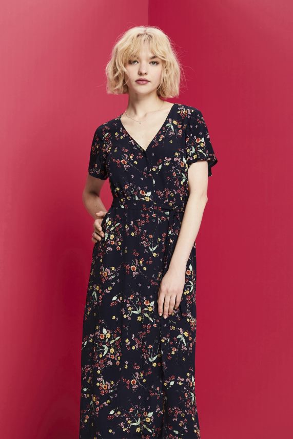 γυναίκες Esprit σκούρο μπλε εμπριμέ μίντι φόρεμα με ζώνη γραβάτα φορέματα 0J044P189