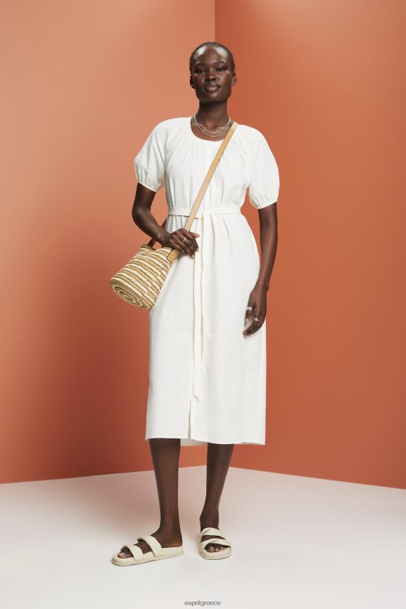 γυναίκες Esprit άσπρο μίντι πουκάμισο φόρεμα με ζώνη γραβάτα, βαμβακερό μείγμα φορέματα 0J044P235