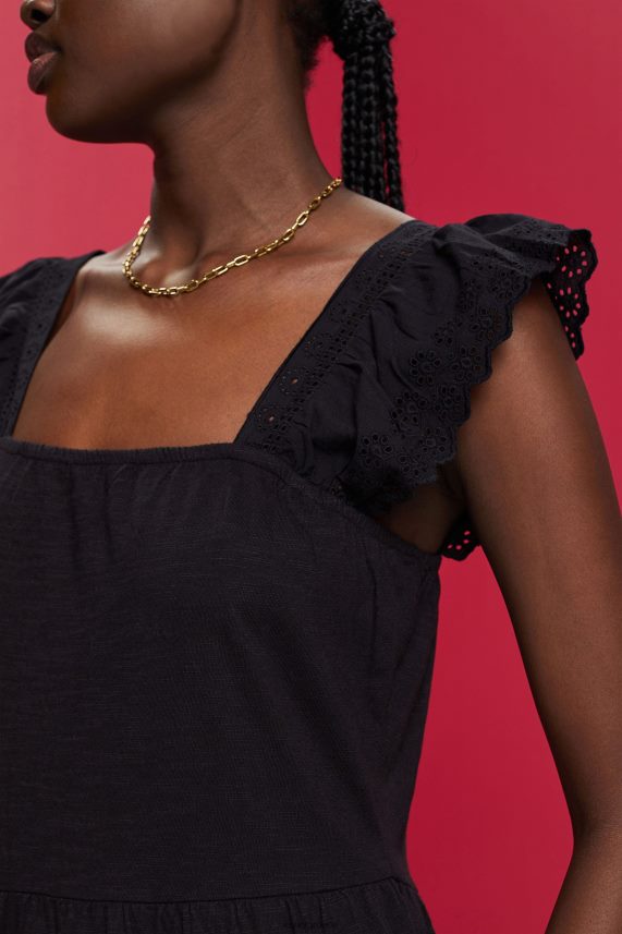 γυναίκες Esprit μαύρος φόρεμα ζέρσεϊ με κεντητά μανίκια από δαντέλα φορέματα 0J044P59