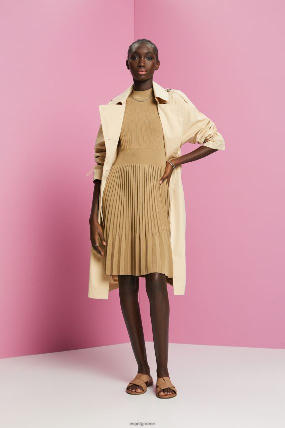 γυναίκες Esprit χακί μπεζ Μίντι φόρεμα με πλισέ mockneck με κοντό μανίκι φορέματα 0J044P119