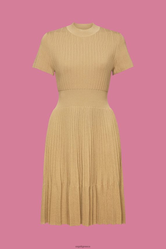 γυναίκες Esprit χακί μπεζ Μίντι φόρεμα με πλισέ mockneck με κοντό μανίκι φορέματα 0J044P119