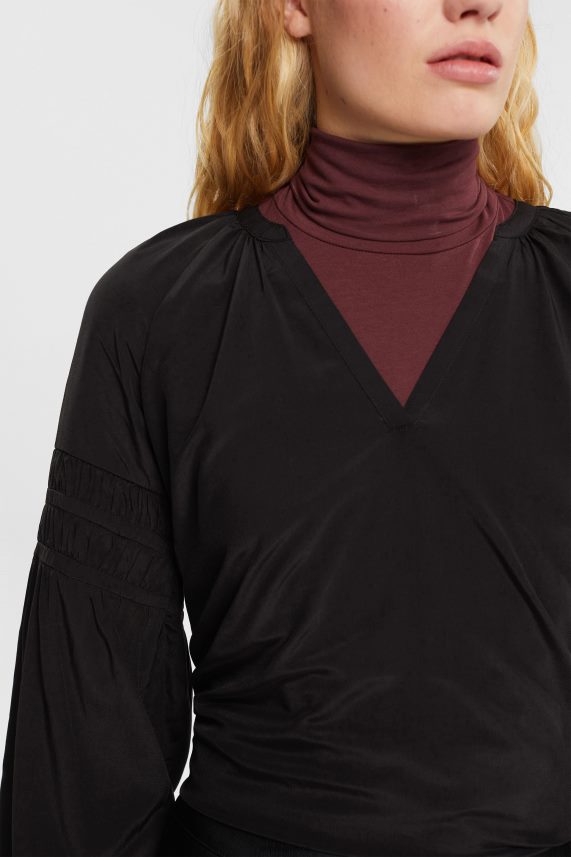 γυναίκες Esprit μαύρος μπλούζα με smocked λεπτομέρειες, lenzing ecovero μπλούζες 0J044P370