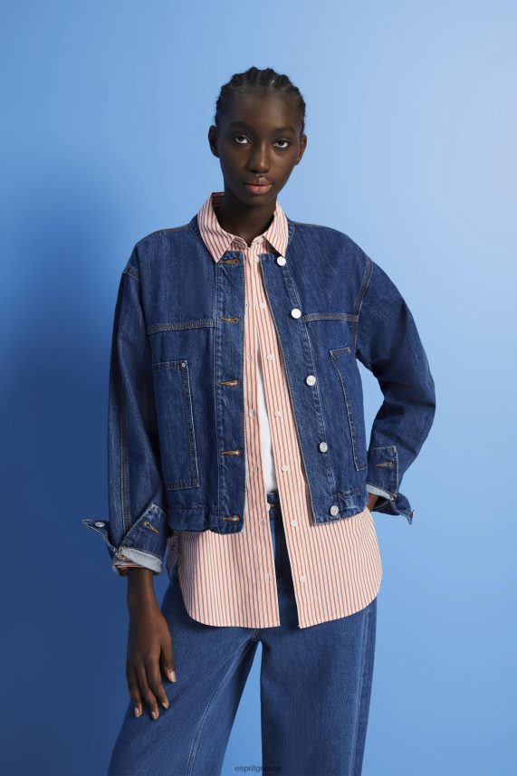 γυναίκες Esprit μπλε σκούρο πλύσιμο Τζιν μπουφάν χωρίς γιακά με κορδόνια περίσφιξης μπουφάν 0J044P298