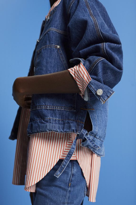 γυναίκες Esprit μπλε σκούρο πλύσιμο Τζιν μπουφάν χωρίς γιακά με κορδόνια περίσφιξης μπουφάν 0J044P298