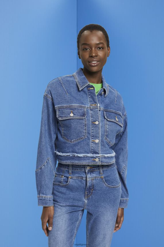 γυναίκες Esprit μπλε σκούρο πλύσιμο cropped τζιν μπουφάν με ξεφτισμένο τελείωμα μπουφάν 0J044P311