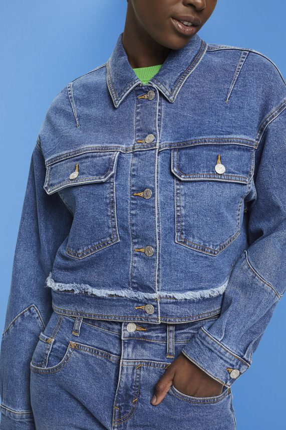 γυναίκες Esprit μπλε σκούρο πλύσιμο cropped τζιν μπουφάν με ξεφτισμένο τελείωμα μπουφάν 0J044P311