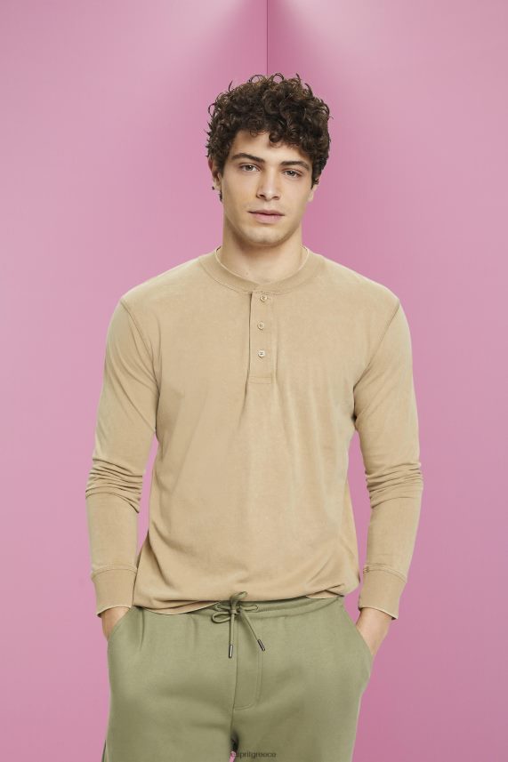 άνδρες Esprit χακί μπεζ μακρυμάνικο μπλουζάκι με κουμπιά μακρύ μανίκι 0J044P723