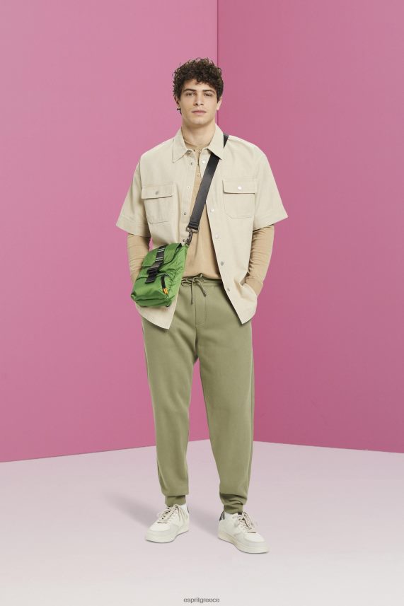 άνδρες Esprit χακί μπεζ μακρυμάνικο μπλουζάκι με κουμπιά μακρύ μανίκι 0J044P723