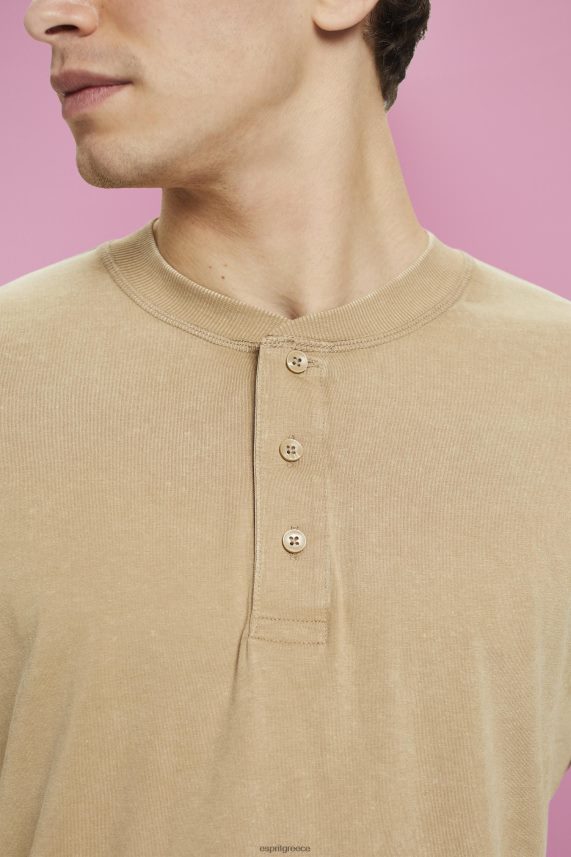 άνδρες Esprit χακί μπεζ μακρυμάνικο μπλουζάκι με κουμπιά μακρύ μανίκι 0J044P723