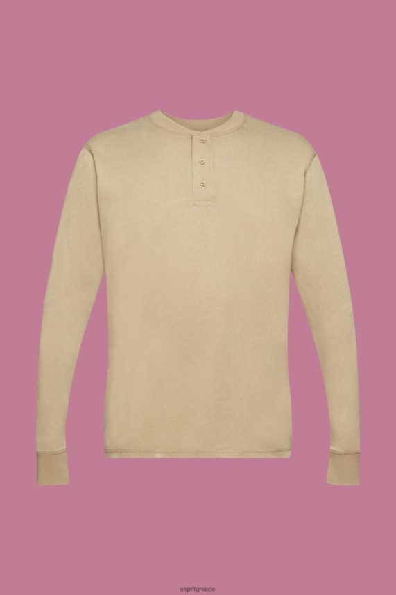 άνδρες Esprit χακί μπεζ μακρυμάνικο μπλουζάκι με κουμπιά μακρύ μανίκι 0J044P723