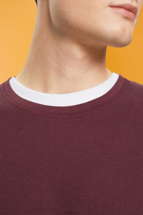 άνδρες Esprit κόκκινο μπορντό μακρυμάνικο μπλουζάκι πικέ βάφλα μακρύ μανίκι 0J044P825