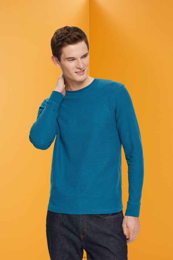 άνδρες Esprit σκούρο τιρκουάζ μακρυμάνικο μπλουζάκι πικέ βάφλα μακρύ μανίκι 0J044P851