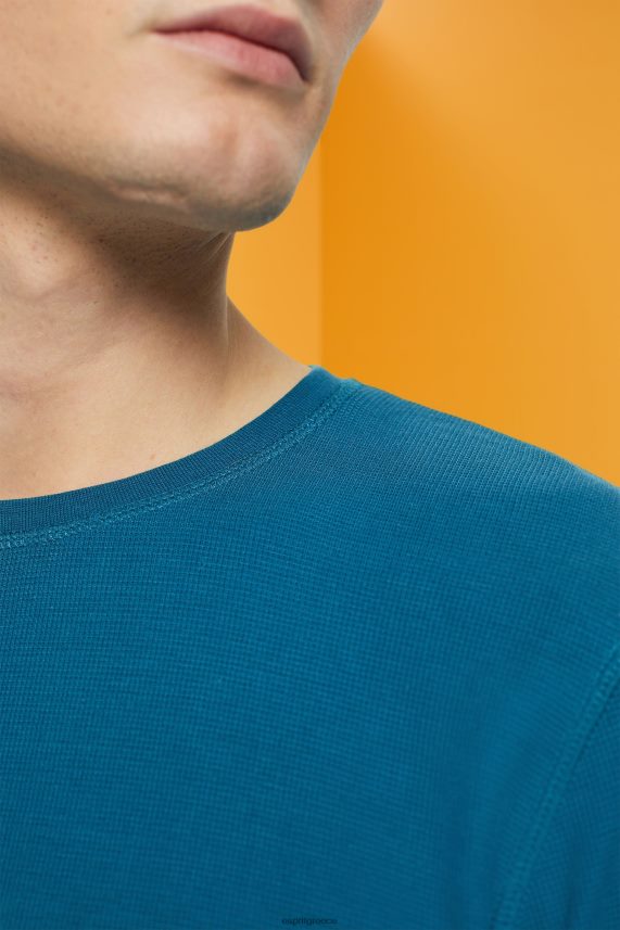 άνδρες Esprit σκούρο τιρκουάζ μακρυμάνικο μπλουζάκι πικέ βάφλα μακρύ μανίκι 0J044P851