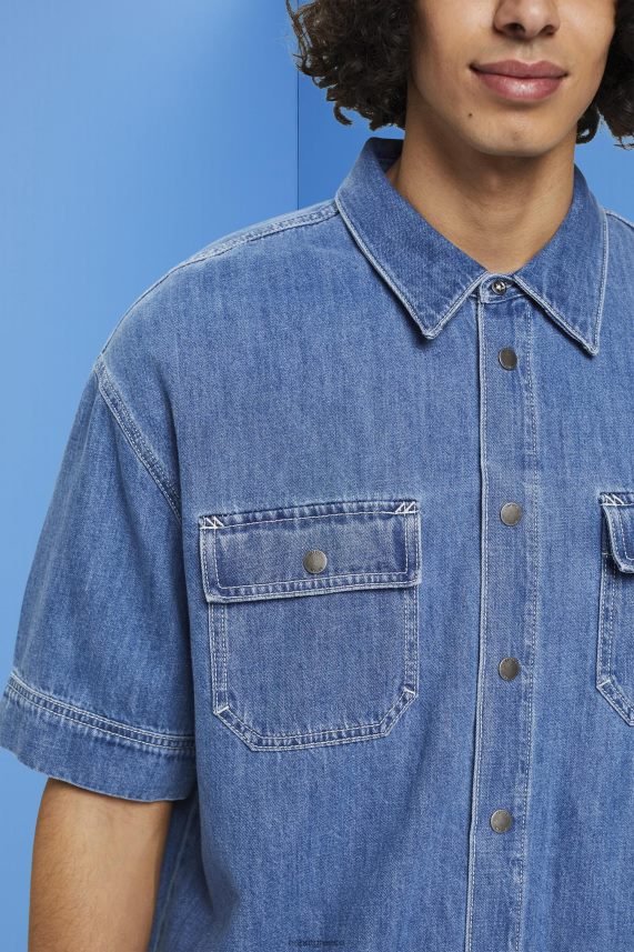 άνδρες Esprit μπλε μέτριο πλύσιμο κουτί τζιν κοντομάνικο πουκάμισο πουκάμισα 0J044P670