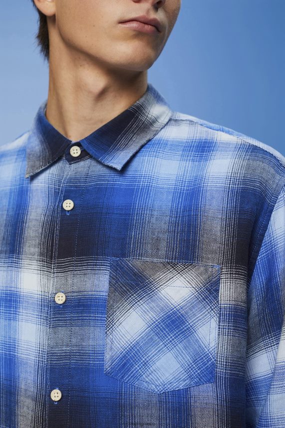 άνδρες Esprit μπλε καρό πουκάμισο ταρτάν από βαμβάκι και κάνναβη πουκάμισα 0J044P715