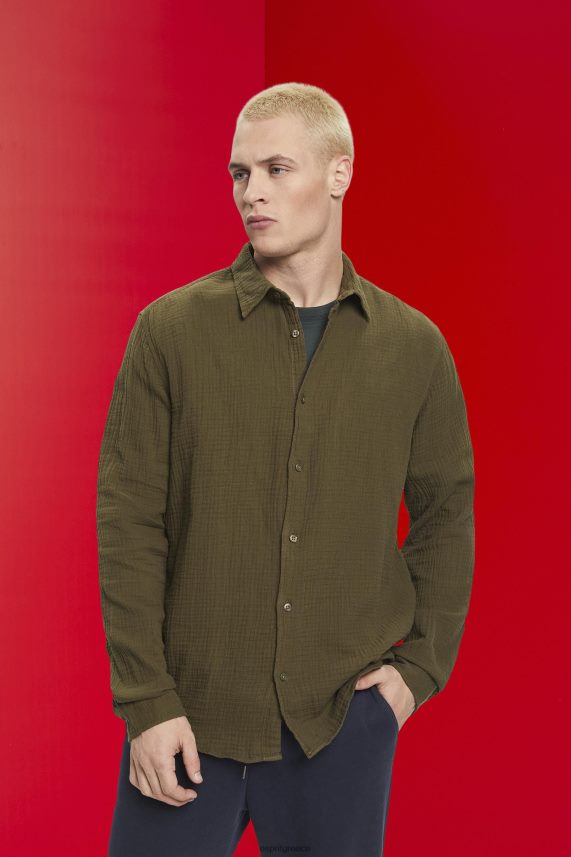άνδρες Esprit χακί πράσινο βιώσιμο βαμβακερό πουκάμισο μουσελίνας πουκάμισα 0J044P756