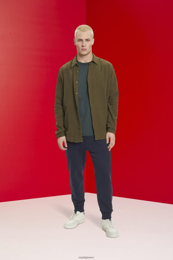 άνδρες Esprit χακί πράσινο βιώσιμο βαμβακερό πουκάμισο μουσελίνας πουκάμισα 0J044P756