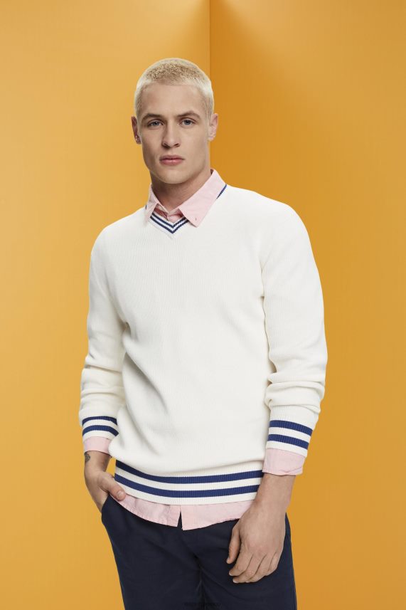 άνδρες Esprit υπόλευκο Βαμβακερό βραχυκυκλωτήρα με βιώσιμο λαιμό v πουλόβερ 0J044P725